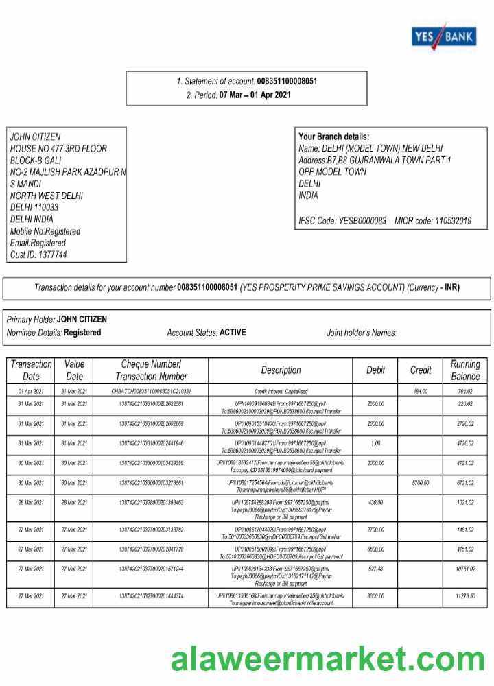 India Yes Bank statement Word and PDF template, 2 pages